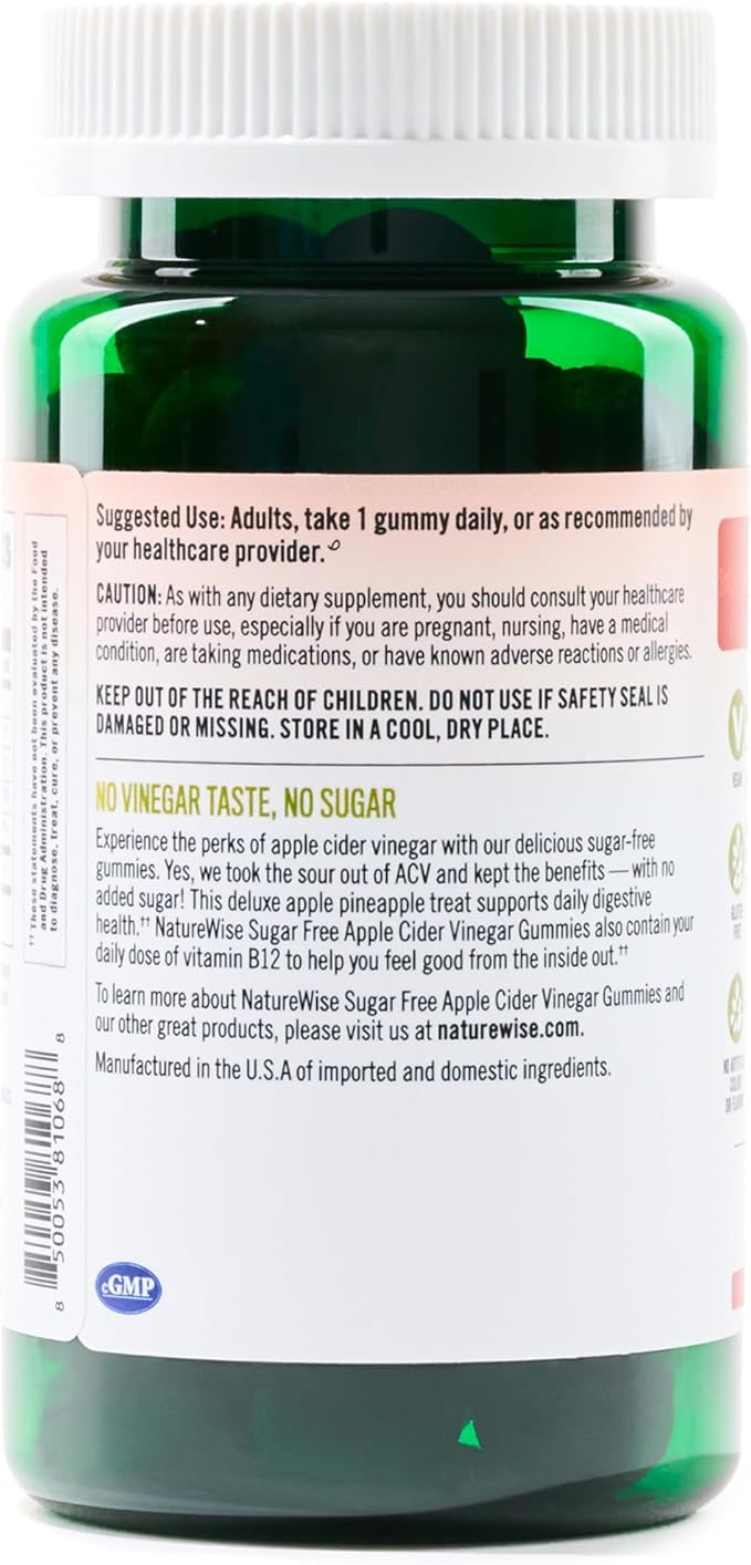 NatureWise Apple Cider Vinegar Keto Gummies - 1000mg ACV per 2, Sugar Free, Vegan - Energy & Gut Health - ACV Gummies W/Vitamin B12-60 Gummies[1-Month Supply for 1000mg / 2-Month Supply for 500mg]