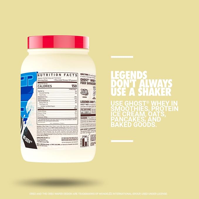 GHOST Whey Protein Powder, Oreo - 2LB Tub, 25G of Protein - Cookies & Cream Flavored Isolate, Concentrate & Hydrolyzed Whey Protein Blend - Post Workout Shakes