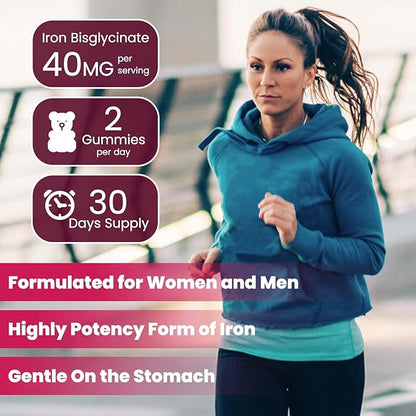 Iron Gummies Supplement for Women & Men, Iron Supplements for Anemia with Vitamin C, B12, Folate-Blood Builder & Energy Support for Iron Deficiency-Grape Flavor, Vegan, 60 Gummies