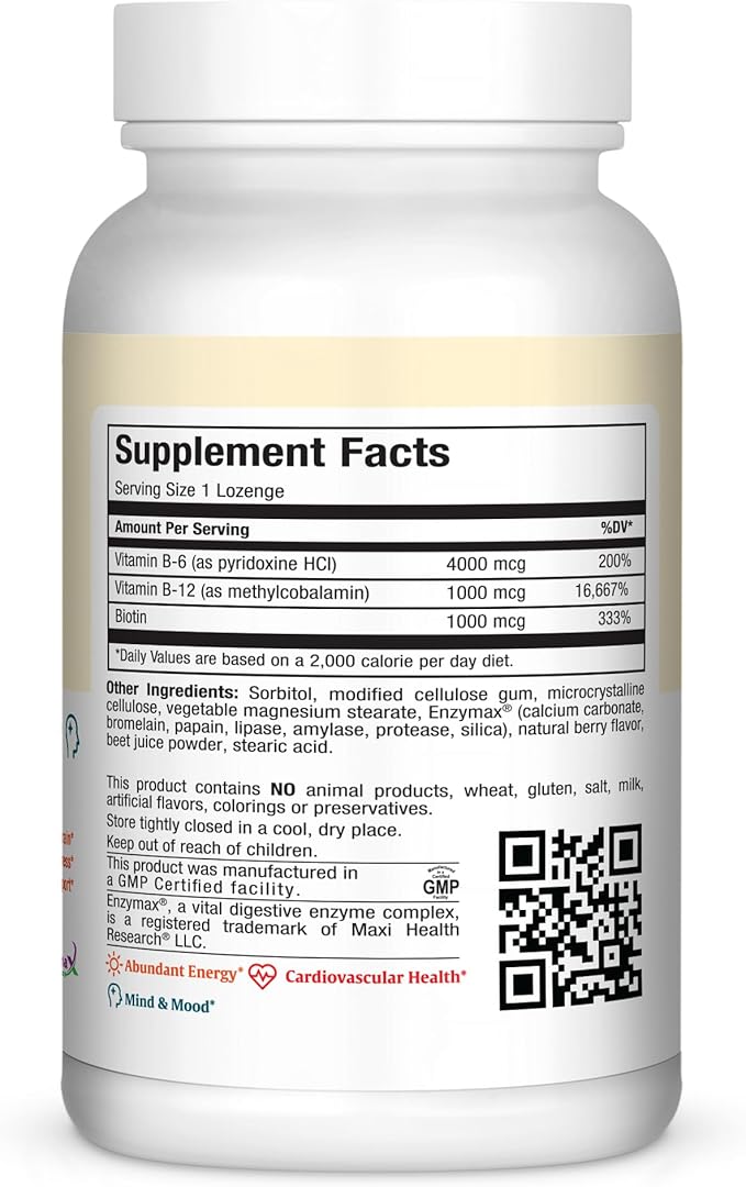 Maxi Health Triple B Lozenges - Vitamin B12 & B6 & Biotin - Strawberry Flavor - 180 Chewies - Kosher