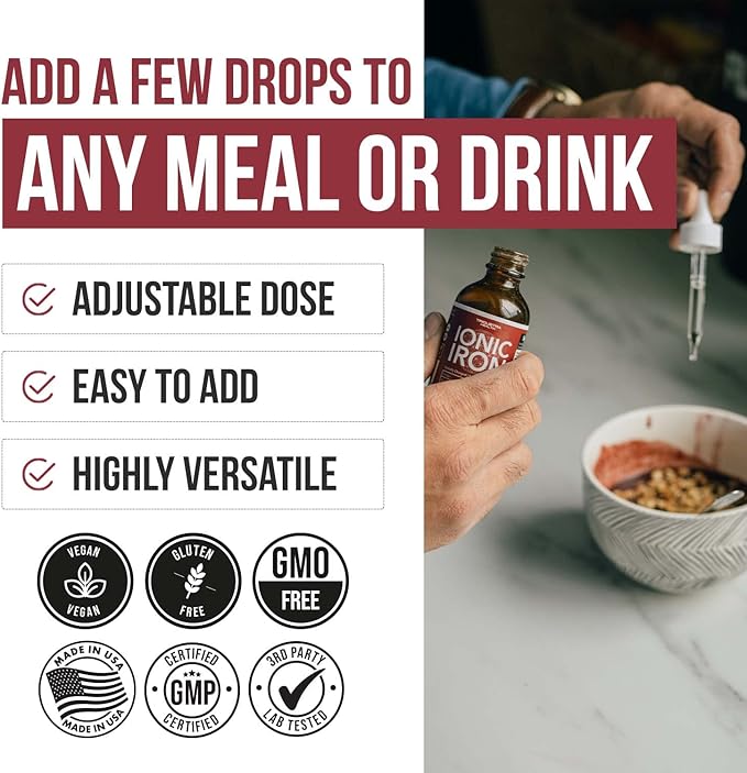 Ionic Liquid Iron Supplement (236 Servings) – Highest Absorption Rate Allows for Smaller Dose & Less Stomach Issues - Non-Flavored, Vegan, Ionically Charged, Earth-Sourced Minerals