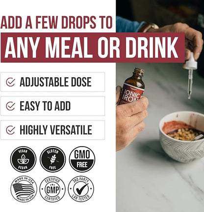 Ionic Liquid Iron Supplement (236 Servings) – Highest Absorption Rate Allows for Smaller Dose & Less Stomach Issues - Non-Flavored, Vegan, Ionically Charged, Earth-Sourced Minerals