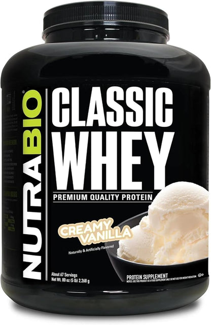 NutraBio Classic Whey Protein Powder- 25G of Protein Per Scoop - Full-Spectrum Amino Acid Profile - No Fillers, Artificial Colors, Preservatives - Low Glycemic Index - Creamy Vanilla, 5 Pounds