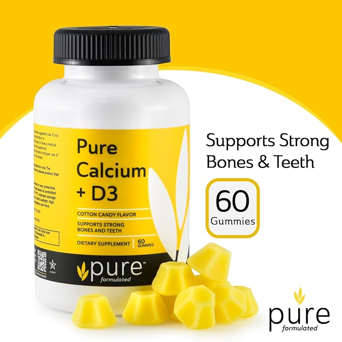Chewable Calcium + Vitamin D3 Gummies – Vegan Vitamin Supplements for Bones & Teeth Support, 1000 IU– Gluten and Dairy Free - Kosher (60 Gummies)