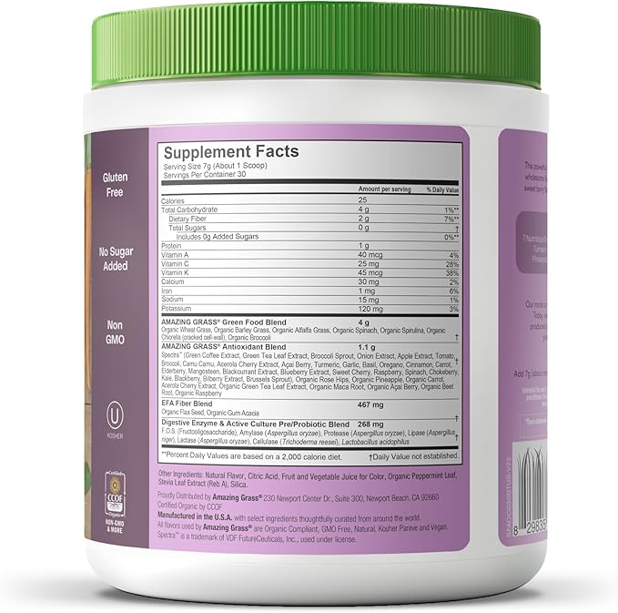 Amazing Grass Greens Superfood Antioxidant: Greens Powder with Organic Spirulina, Beet Root Powder, Elderberry & Probiotics, Sweet Berry, 30 Servings (Packaging May Vary)