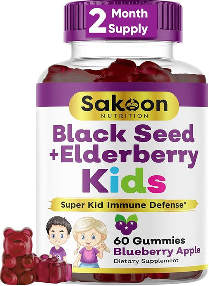Sakoon nutrition Elderberry & Black Seed Oil Gummies for Kids, Immune Support Gummies, with Vitamin C and Zinc, Delicious Berry Flavor, 60 Gummies