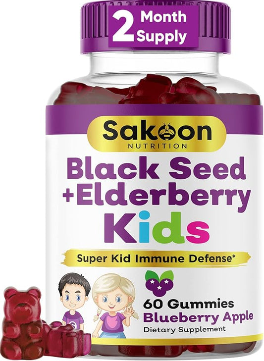 Sakoon nutrition Elderberry & Black Seed Oil Gummies for Kids, Immune Support Gummies, with Vitamin C and Zinc, Delicious Berry Flavor, 60 Gummies