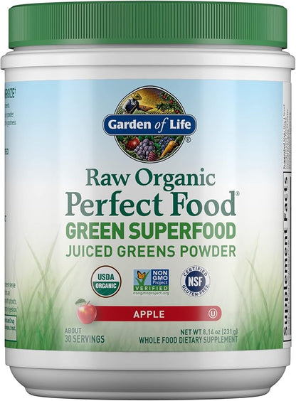 Garden of Life Raw Organic Perfect Food Green Superfood Juiced Greens Powder - Apple Flavor, 30 Servings - Vegan Gluten Free Whole Food Dietary Supplement, Greens Plus Probiotics & Enzymes