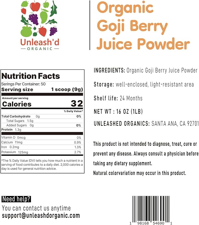 UNLEASH'D ORGANIC Organic Goji Berry Juice Powder 16 oz 100% Pure Natural Green Food, Rich in Antioxidants and Multivitamins, Boosts Immune System, Supports Eye Health, Promotes Skin Health