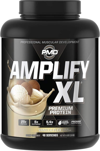 PMD Sports Amplify XL Premium Whey Protein Supplement Hydro Greens Blend - Glutamine and Whey Protein Matrix with Superfood for Muscle, Strength and Recovery - Vanilla Flex (48 Servings)