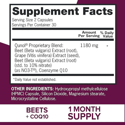 Qunol Blood Pressure Support, 3 in 1 Beets + CoQ10 + Grape Seed Extract, Beet Root Capsules That Supports Healthy Blood Circulation & Heart Healthy Energy, 60 Count (Pack of 2)