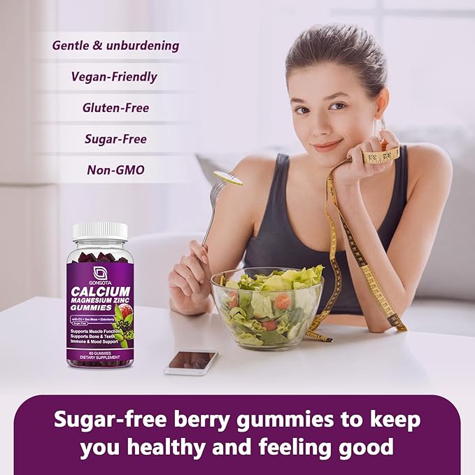 Calcium Magnesium Zinc with Vitamin D3 Supplement, Highly Absorbent Calcium Gummies with 300mg Magnesium glycinate Support Bone & Teeth, Muscle for Adults and Teens,Sugar Free, Vegan - 60 Count