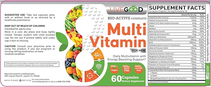 LiveGood™ Men's Bio-Active Complete Multivitamin, Daily Supplement with Vitamin A, B12, C, E, Lycopene, Vegan, 60 Capsules