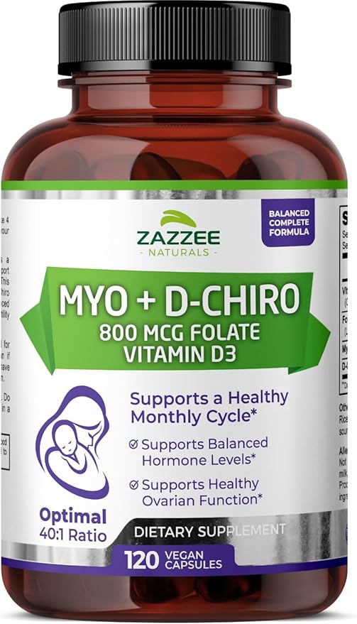 Zazzee Myo-Inositol + D-Chiro, with Folate (5-MTHF) + D3, 120 Vegan Capsules, Optimal 40:1 Inositol Ratio, 30 Day Supply, All-Natural, Non-GMO, Supports Hormone Balance and Ovulation, Made in The USA