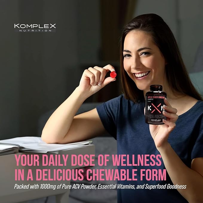 KompleX Nutrition Apple Cider Vinegar Gummies, Improve Digestion, Detox, 1000mg ACV Powder with Mother, 60 Vegan and Gluten-Free Supplement Gummies (ACV GUM)