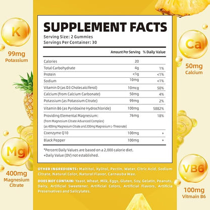 softbear Potassium Gummies for Adults, Sugar-Free Potassium Magnesium Supplement with Vitamin B6 CoQ10 for Leg Cramps Muscle Health Vegan Pineapple Flavor 60 Gummies