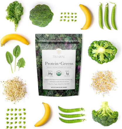 Truvani Protein + Greens Supplement | Spinach, Kale & Broccoli | 10g Organic Plant Based Protein | 20 Servings | USDA Organic | Gluten & Dairy Free | Vegan | No Added Sugar