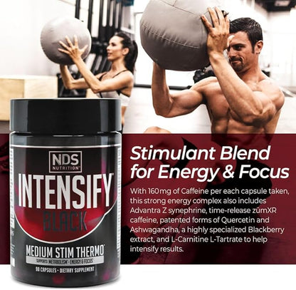 Intensify NDS Nutrition Black - Thermogenic Blend with Advantra Z for Fat and Water Loss - Boost Metabolism, Burn Calories, Help Suppress Appetite - Improve Body Tone, Muscle Definition - 90 Capsules
