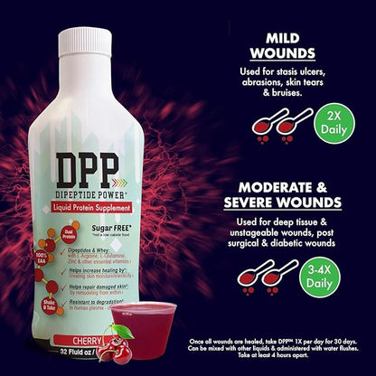 Nutritional Designs DPP Dipeptide, Wound-Healing Liquid Collagen & Whey Protein Supplement, Sugar-Free, Promotes Healthy Skin & Hair for Men & Women (Cherry, Bottle, 32 Fl Oz)