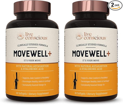 Live Conscious Joint Health Supplement - MoveWell Plus Antarctic Krill Oil, Natural Astaxanthin and Hyaluronic Acid | Outperforms Glucosamine (2 Pack)
