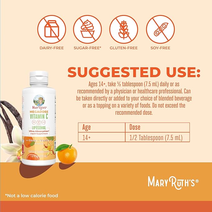 MaryRuth Organics Liposomal Vitamin C | Immune Support Supplement | Megadose Vitamin C Supplement 500mg | Skin Care | Liquid Vitamin C | Vitamin E | Vegan | Non GMO | 30 Servings