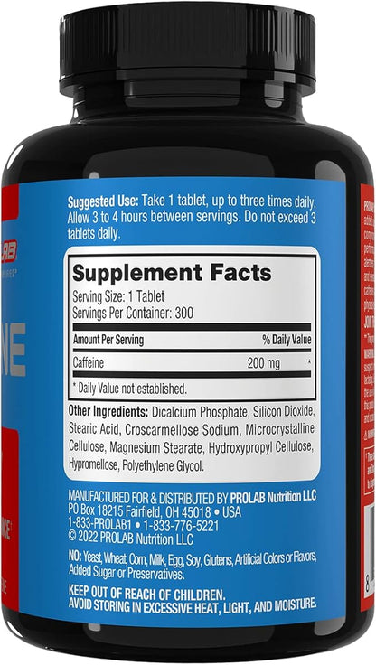 ProLab Caffeine Tablets 200mg - 300ct | Energy Support, Helps Enhance Endurance & Mental Focus, Reduce Fatigue, Pre-Workout, Extra Strength