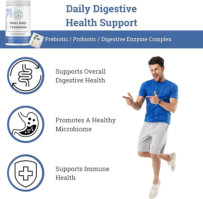 Daily 7 Essentials Men's Vitamin Pack - 7 Pack Adult Male Multivitamin & Multimineral Pack for Energy, Metabolism, Immune System Support, Prostate Support with Probiotic, Digestive Enzymes
