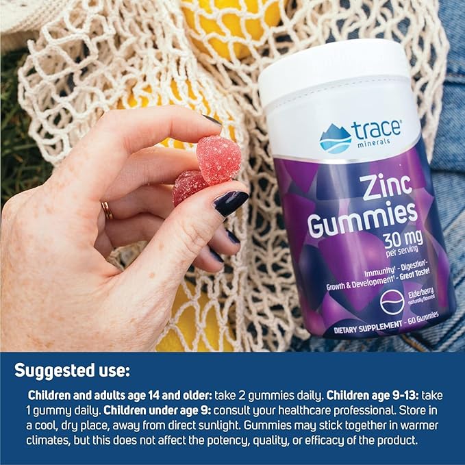 Trace Minerals Zinc Gummies - Chewable Zinc Supplement with Elderberry - Supports Immune System Health - Supplement to Aid Healthy Digestion & Development - Elderberry, 60 Gummies (30 Servings)