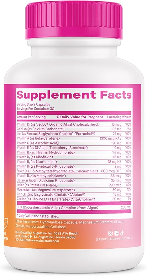 Pink Stork Total Prenatal Vitamins with DHA, Folate, Iron, Choline, and Vitamin B12 - Preconception Nutrition - Prenatals for Women, Pregnancy Must Haves - Mint Essence, 60 Capsules, 1 Month Supply