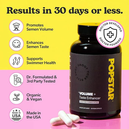 POPSTAR Labs Semen Volume Booster - Men's Semen Health & Fertility Supplement - Doctor Formulated to Increase Load Volume - Made in USA - Non-GMO, Organic, Vegan - 360 Capsules - (3 Month Supply)