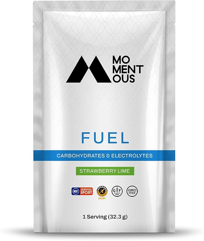 Momentous Fuel Intra-Workout Carbs & Electrolyte Drink Mix - Hydration Powder for Sustained Energy During Workouts - NSF Certified, GMO-Free, Gluten Free - 12 Single Serving Packets, Strawberry Lime