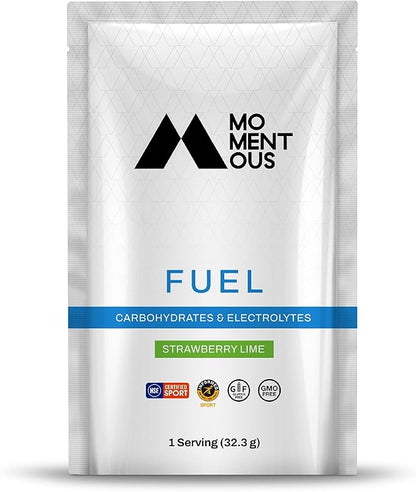Momentous Fuel Intra-Workout Carbs & Electrolyte Drink Mix - Hydration Powder for Sustained Energy During Workouts - NSF Certified, GMO-Free, Gluten Free - 12 Single Serving Packets, Strawberry Lime