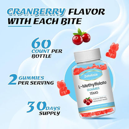 L-Methylfolate 15mg Gummies, Methylated Multivitamin with Methylated B12, Active 5-MTHF Form, Supports MTHFR Mutation, Methylation, Mood & Cognition, Vegan, Cranberry Flavor, 60 Cts