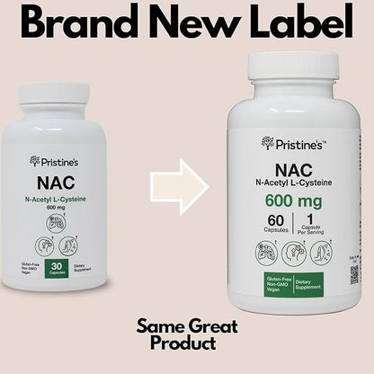PRISTINE'S N-Acetyl L-Cysteine (NAC) 600MG (2 Pack) Immunity Support Supplement - 120-Day Supply - Potent Lung & Liver Antioxidant Supplement Capsules - Mood Support - Vegan, Glutern Free, Non GMO