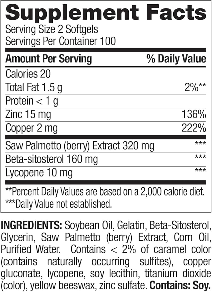 Nature's Wonder Men's Prostate Formula with Saw Palmetto, Beta-Sitosterol & Lycopene, 200 Softgels, 100 Days Supply