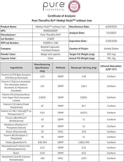 Methyl Multi Without Iron Methylated Multivitamin for Men & Women, 60-Day Supply | Methyl B12 & Methylfolate (5-MTHF) for MTHFR Support | Pharma Grade Multivitamin & Multimineral For Health, 120 Caps