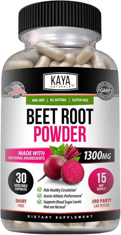 Kaya Naturals Premium Organic Beet Root Powder Supplements - Promotes Healthy Circulation and Nitric Oxide Flow - Non-GMO and Gluten Free - 30 Count