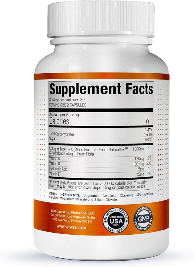 Salmoflex Marine Collagen Peptides Pills W/Hyaluronic Acid, Vitamin C, D, E | Salmon Supplements - Hair, Skin, Nails | Multivitamin for Women & Men | Knee, Joint Relief - 60 Capsules