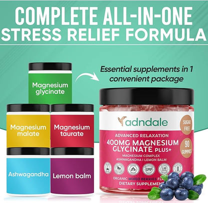 90 CT Magnesium Glycinate Gummies 400 mg/Serv - with Ashwagandha, Magnesium Malate & Taurate - Sugar Free Chews for Adults & Kids Relaxation, Stress Relief, Night Rest, Muscle & Cardio Support