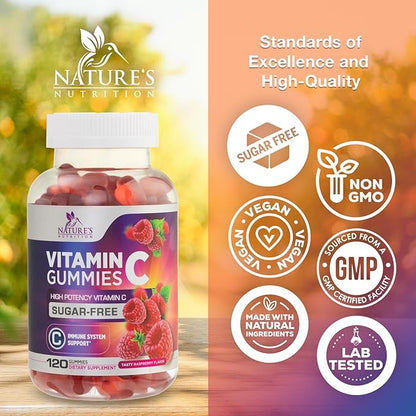 Zero Sugar Vitamin C Gummies - Immune Support & Antioxidant Vitamin Dietary Supplement - Vegan, Non-GMO, Dairy & Gluten Free C Vitamin Gummy - Raspberry Flavor for Kids & Adults - 120 Count Gummies