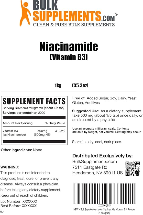 BulkSupplements.com Niacinamide Powder - Niacinamide Supplement, Vitamin B3 Supplement, Niacinamide 500mg - B3 Vitamins for Skin Health, Pure & Gluten Free - 500mg per Serving, 1kg (2.2 lbs)