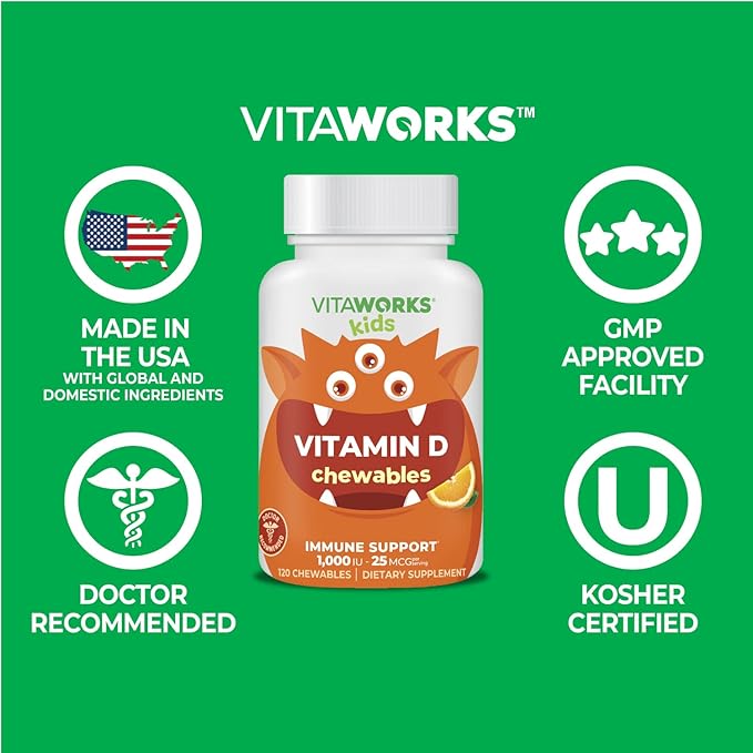 Kids Vitamin D 1000 IU Chewable Tablets - Tasty Natural Orange Flavor - Vegan, GMO-Free, Gluten Free, Nut Free Vitamins - Dietary Supplement for Immune Support - for Children - 120 Chewables
