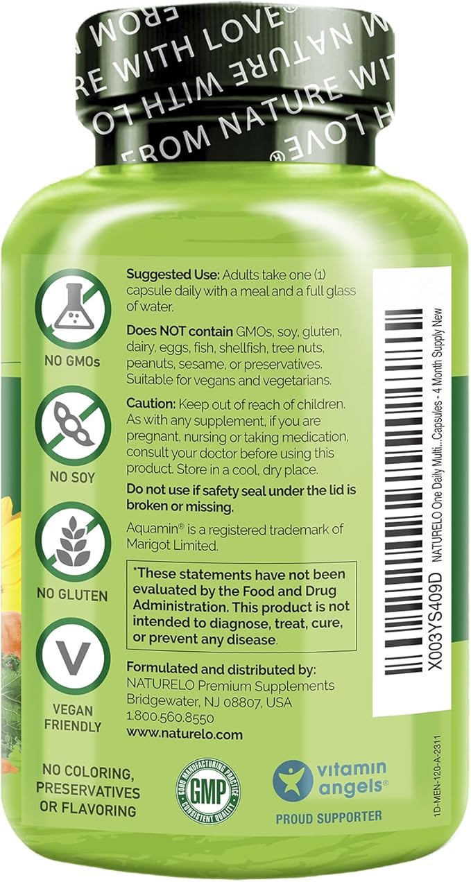NATURELO Mens Multivitamins - One Daily Multivitamin for Men with Vitamins, Minerals & Organic Whole Foods, Boost Energy & Health, Non-GMO, 120 Vegetarian Capsules