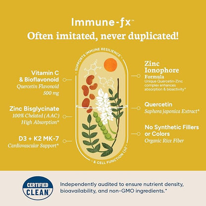 Immune-fx™ Advanced Daily Chelated Zinc Ionophore Immune Support Supplement with Quercetin 500mg Bioflavonoid, Antioxidant Vitamin C, D3, K2, DNA Heart Lung Aid, Clean Certified® 60 Vegan Capsules