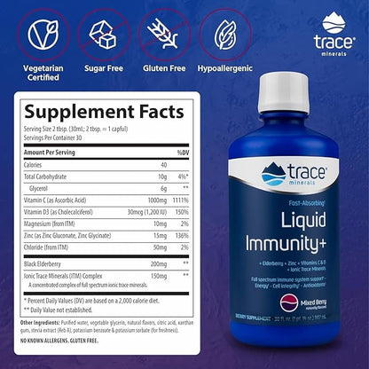 Trace Minerals Immunity Plus - Daily Liquid Supplement for Antioxidant Support - Immunity Support Supplement with Elderberry & Zinc - Ionic Trace Mineral Formula - Mixed Berry, 30 fl oz (30 Servings)