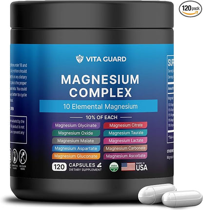 Magnesium Complex 900mg - 120 Capsules | High Absorption with 10 Active Forms Including Glycinate, Citrate, Taurate | Supports Bone, Heart, and Muscle Health | Non-GMO, Vegan-Friendly