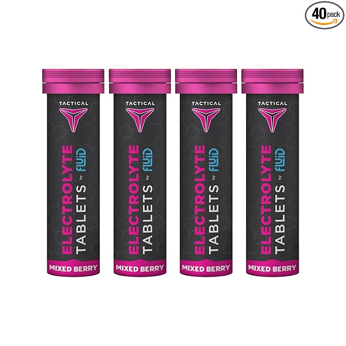 Fluid Tactical- Effervescent Hydration Tablets, Electrolyte Replacement & Dehydration Prevention, 4 Pack, 40 Servings (Mixed Berry)
