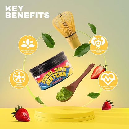 SoCal Sips Matcha Powder Japanese Green Tea – Strawberry Flavored Blend – Organic & Ceremonial Grade Matcha Powder – All Natural & Zero Sugar Added – Ideal for Tea, Smoothies, & Lattes – 1.43 Oz