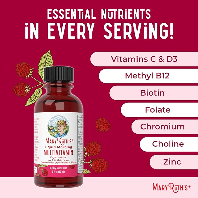 MaryRuth Organics Multivitamin for Women Men & Kids No Added Sugar | Morning Raspberry | Liquid Vitamins for Adults & Kids | Mens | Womens Multivitamin | Energy & Beauty Booster | 16-1 Fl Oz Bottles