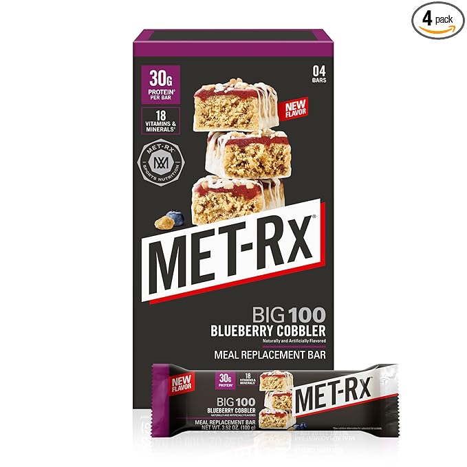 MET-Rx Big 100 Colossal Protein Bars, Blueberry Cobbler, Meal Replacement Bars, 4 Count